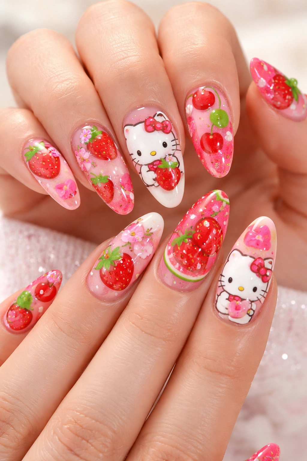 Close-up of acrylic nails featuring Hello Kitty with strawberry and fruit designs