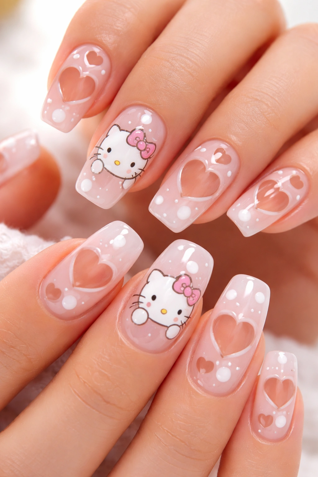 Hello Kitty nails with heart cutouts and negative space design