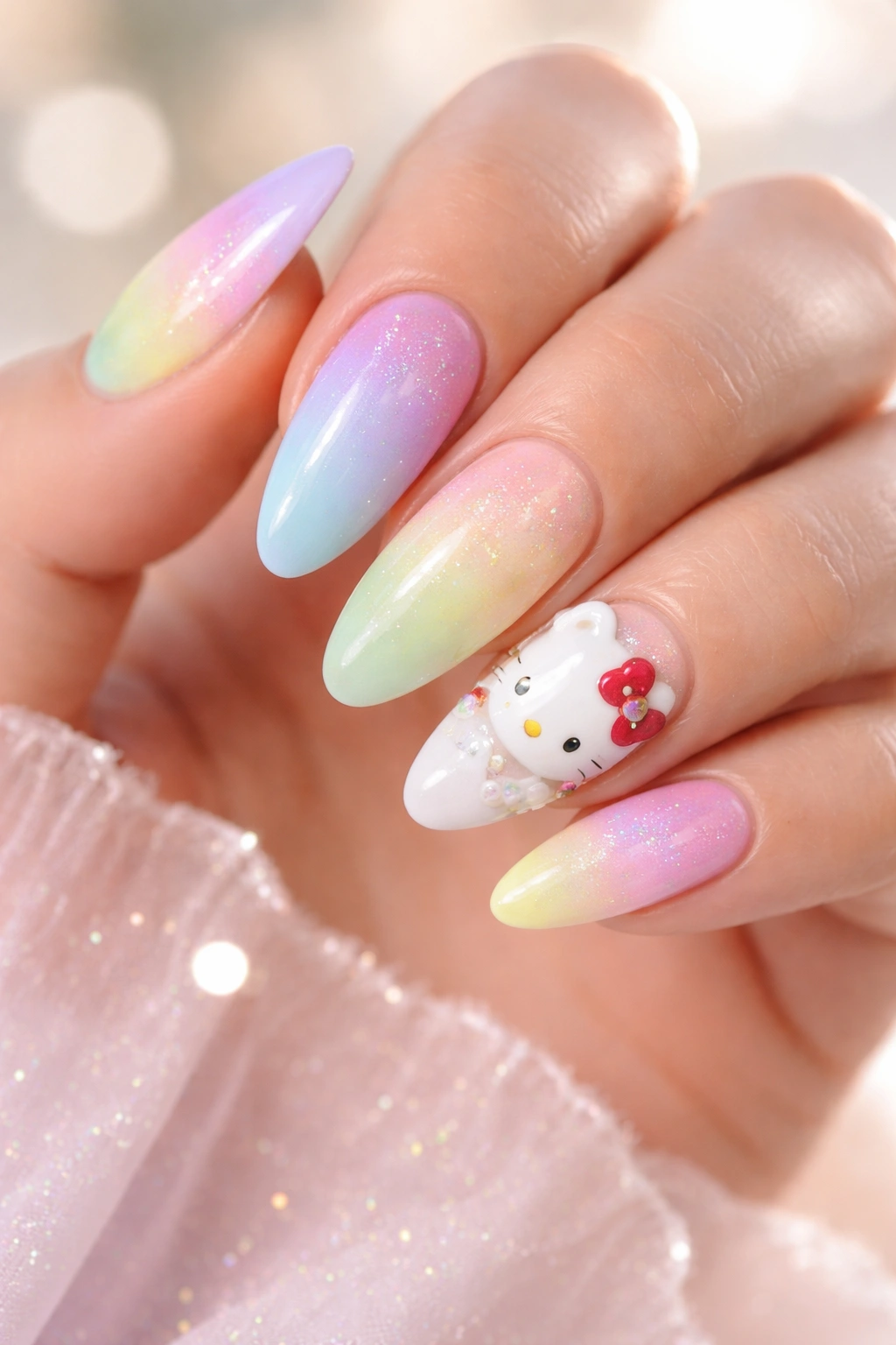 Almond nails in pastel rainbow colors with Hello Kitty accents.