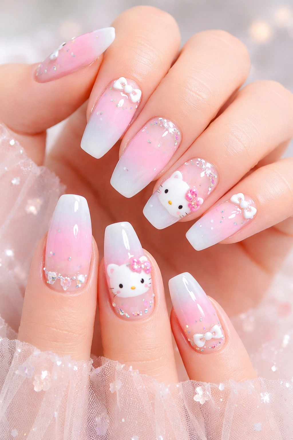 Pastel Hello Kitty inspired nails with bows
