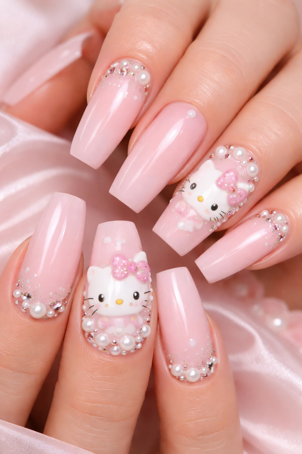 Close-up of baby pink Hello Kitty nails with pearl accents and bows