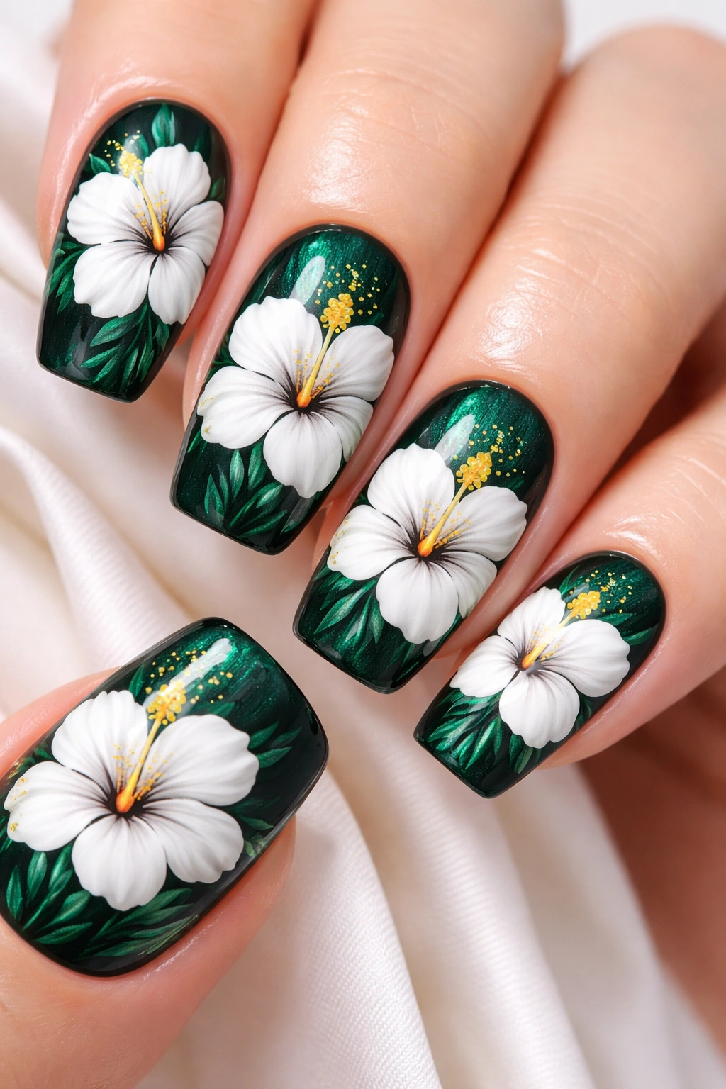 Close-up of nails with white hibiscus on emerald green jewel tones, photorealistic