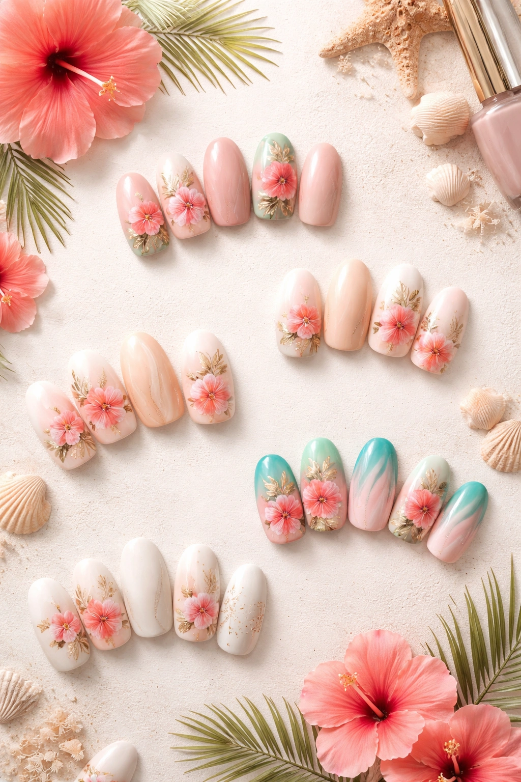 Top-down minimalist hibiscus nail art on neutral surface