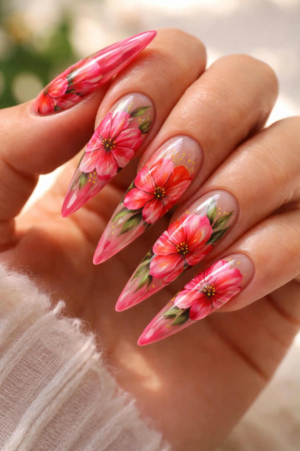 Close-up of bright pink stiletto nails with hibiscus blooms and glossy finish