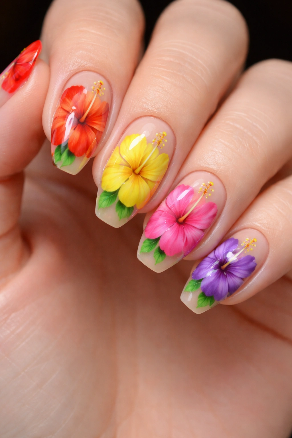 Nails painted with rainbow hibiscus colors on neutral base, cohesive tropical manicure