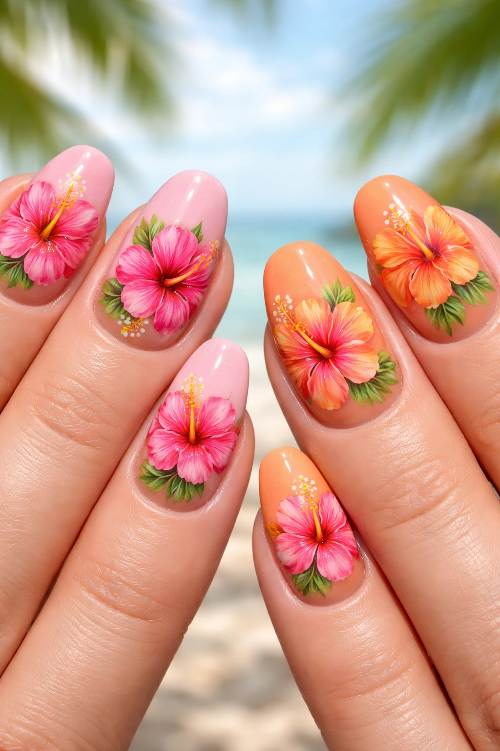 Close-up of nails with hibiscus flower designs in pink and orange