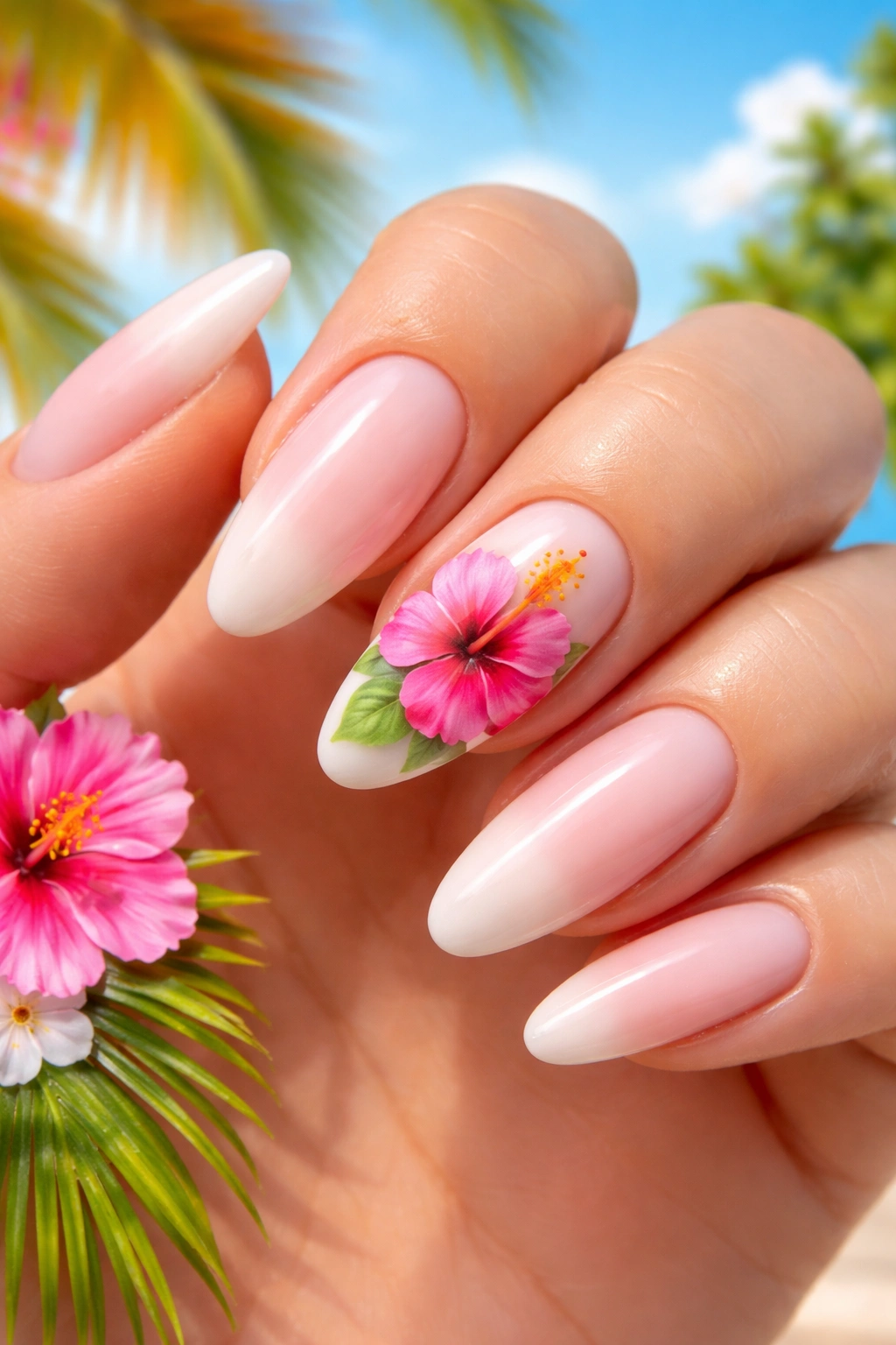Nails with hibiscus accent on neutral base against tropical gradient