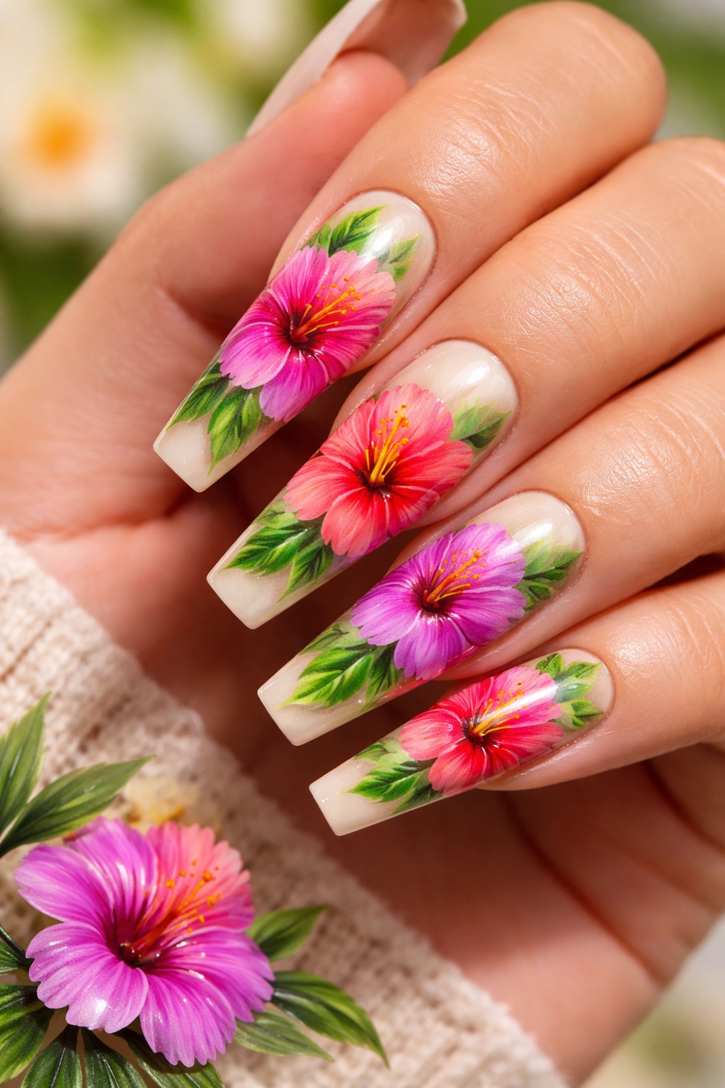 Nails featuring large hibiscus flowers in bold tropical colors