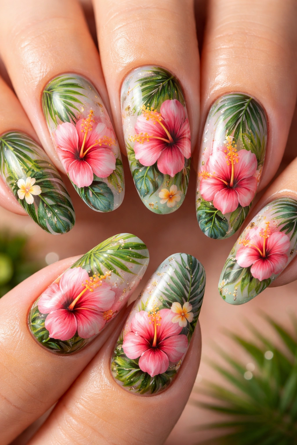 Nails with hibiscus and tropical leaves in a cohesive manicure on neutral background