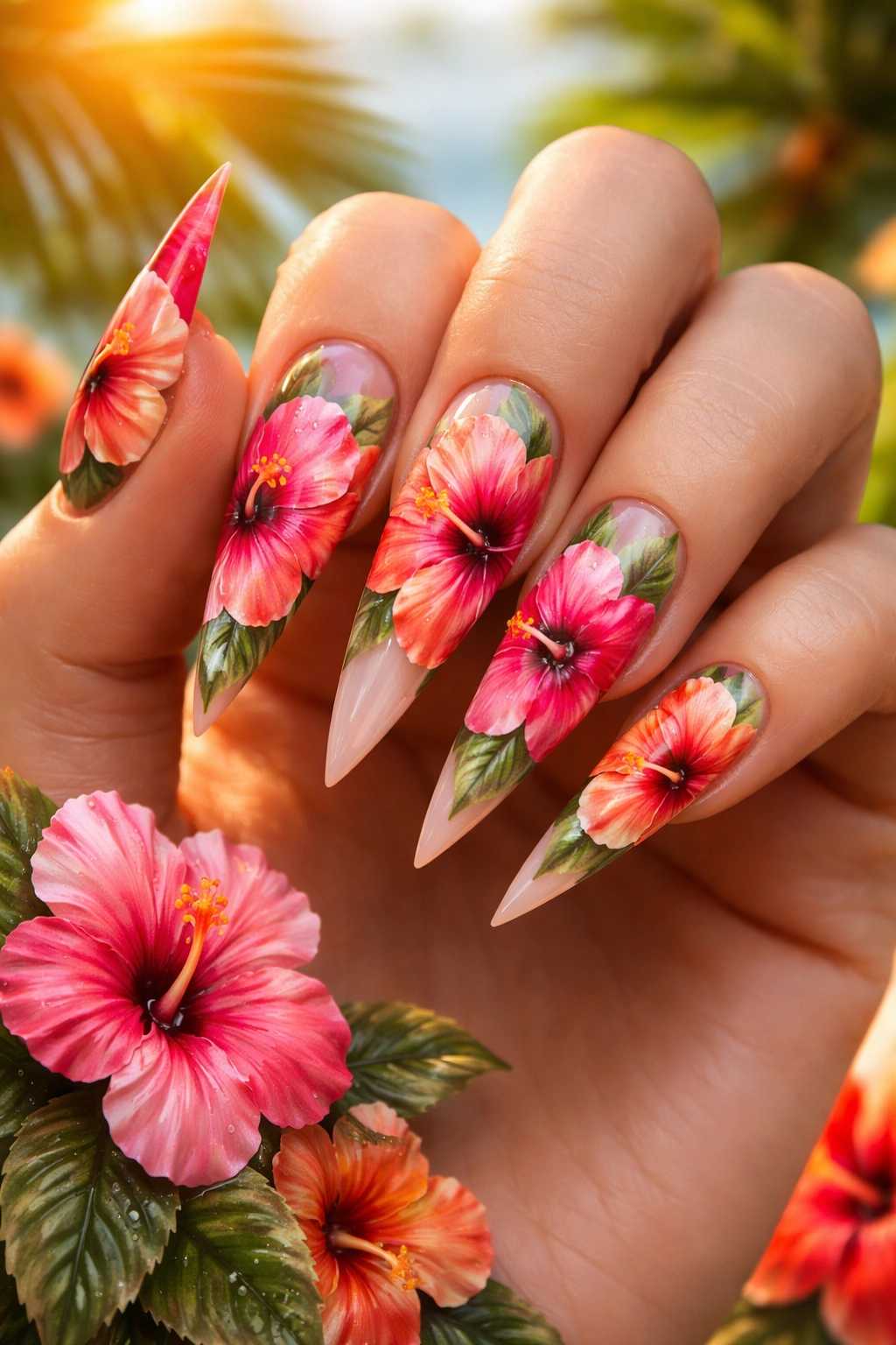 Stiletto nails featuring large hibiscus flowers with bright colors and green leaves