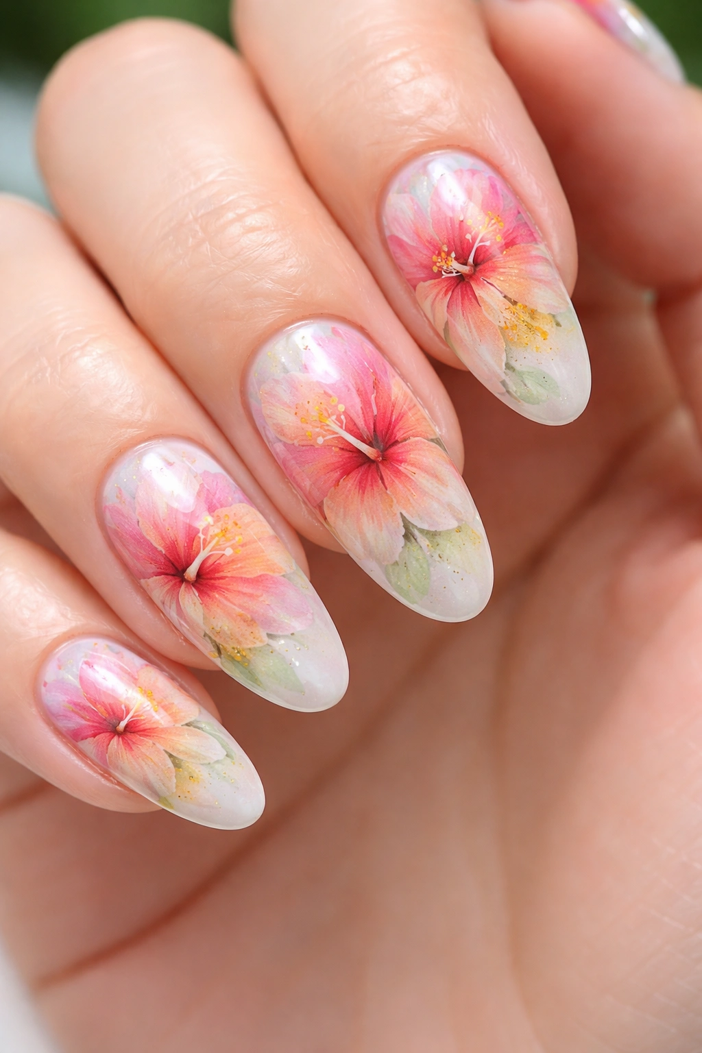 Watercolor hibiscus nails with soft blends on light base