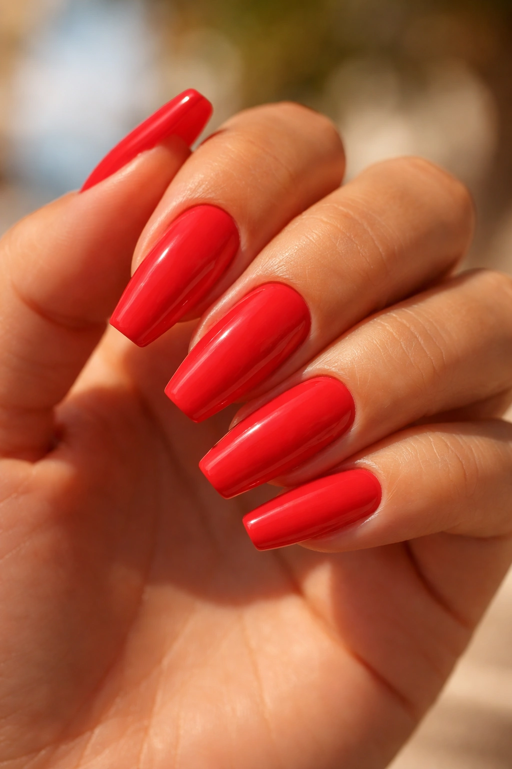 Close-up of hibiscus red high-shine nails