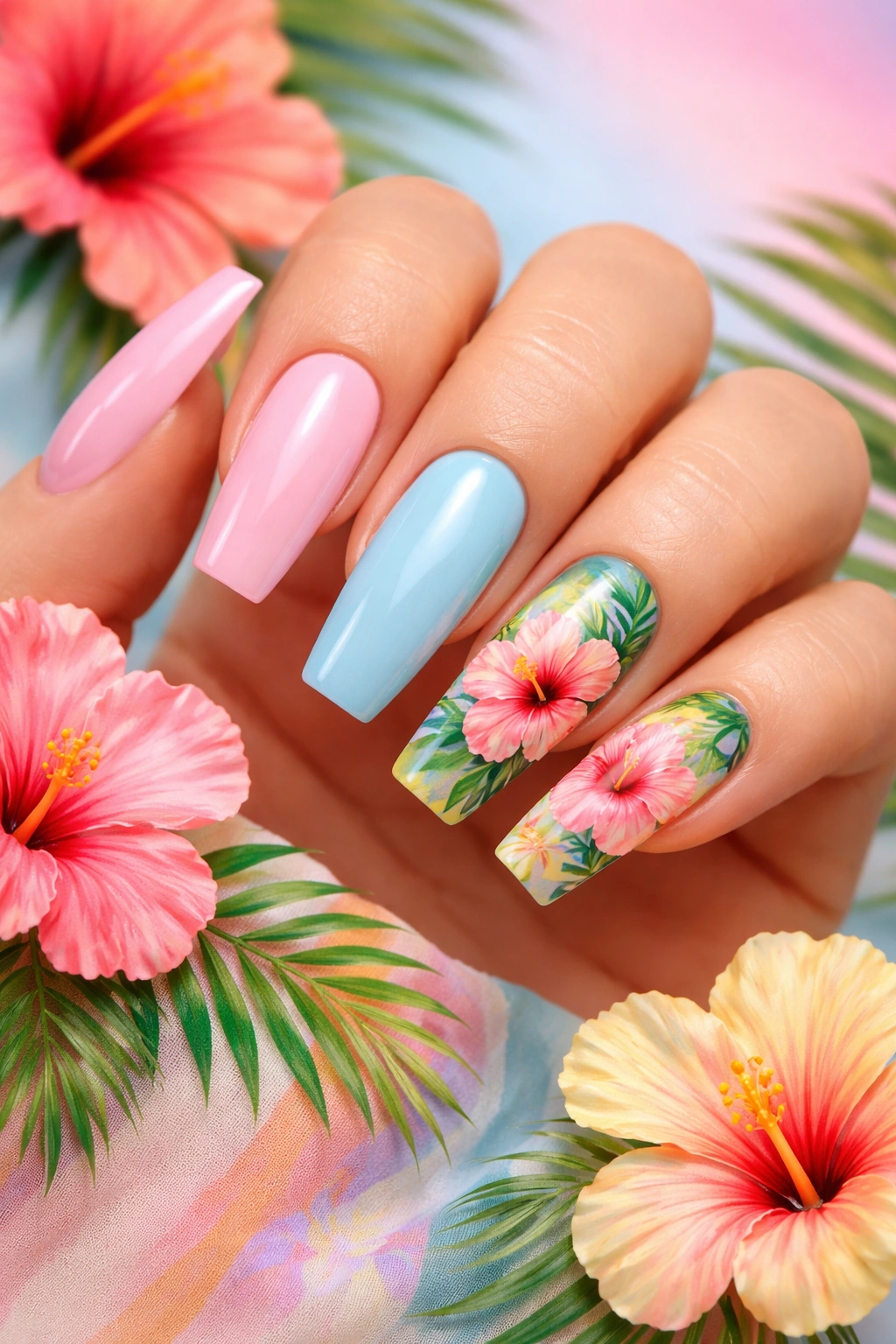Close-up of acrylic nails with hibiscus flower designs on pastel backgrounds