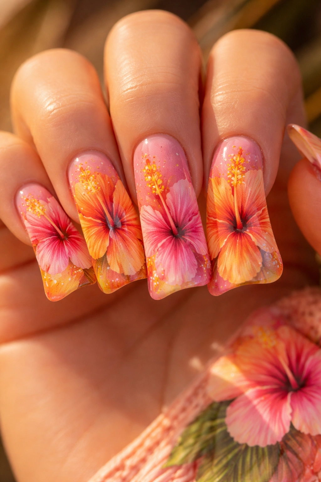 Duck nails with hibiscus blooms in sunset gradient colors