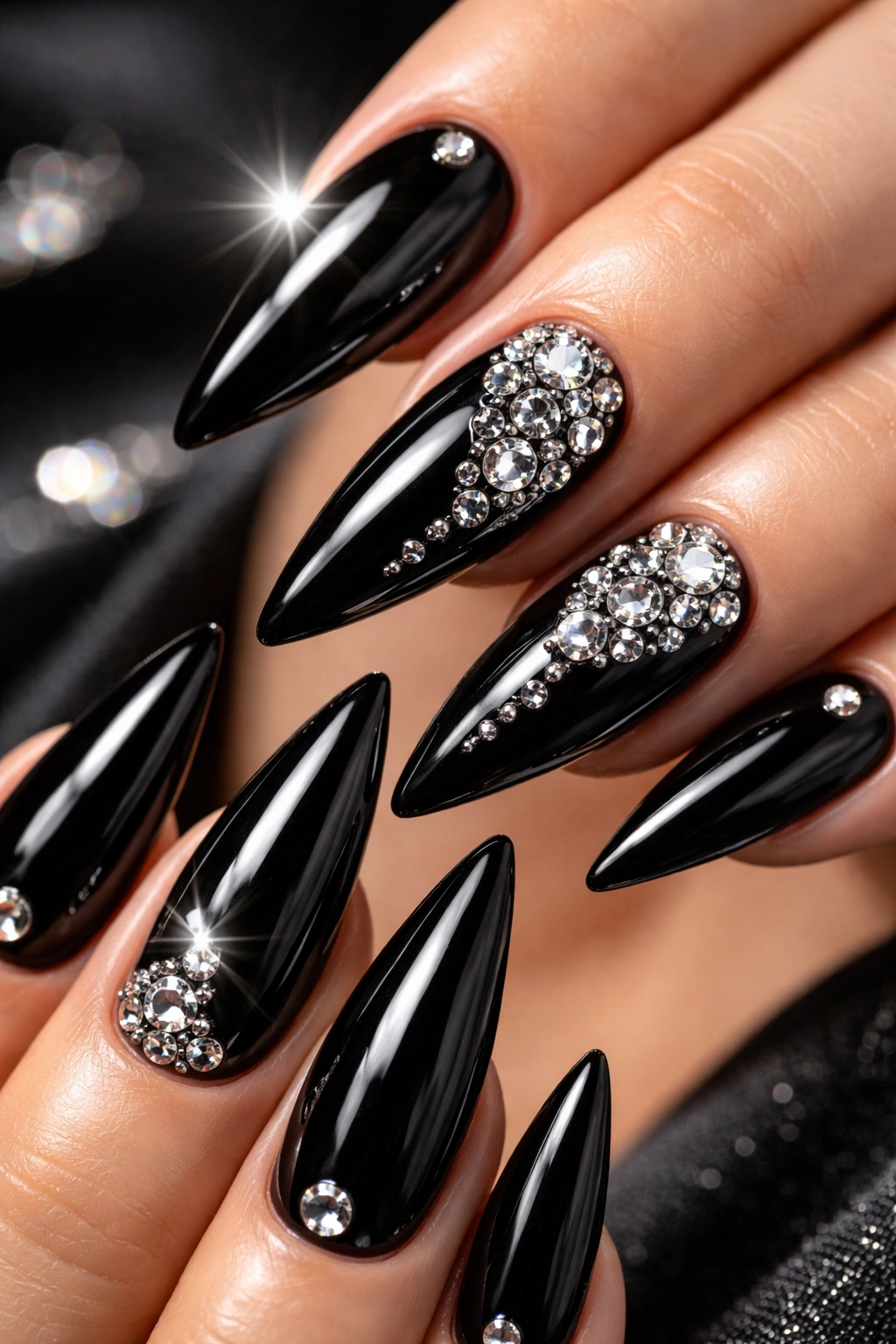 High-gloss black stiletto nails with reflective mirror finish and rhinestones