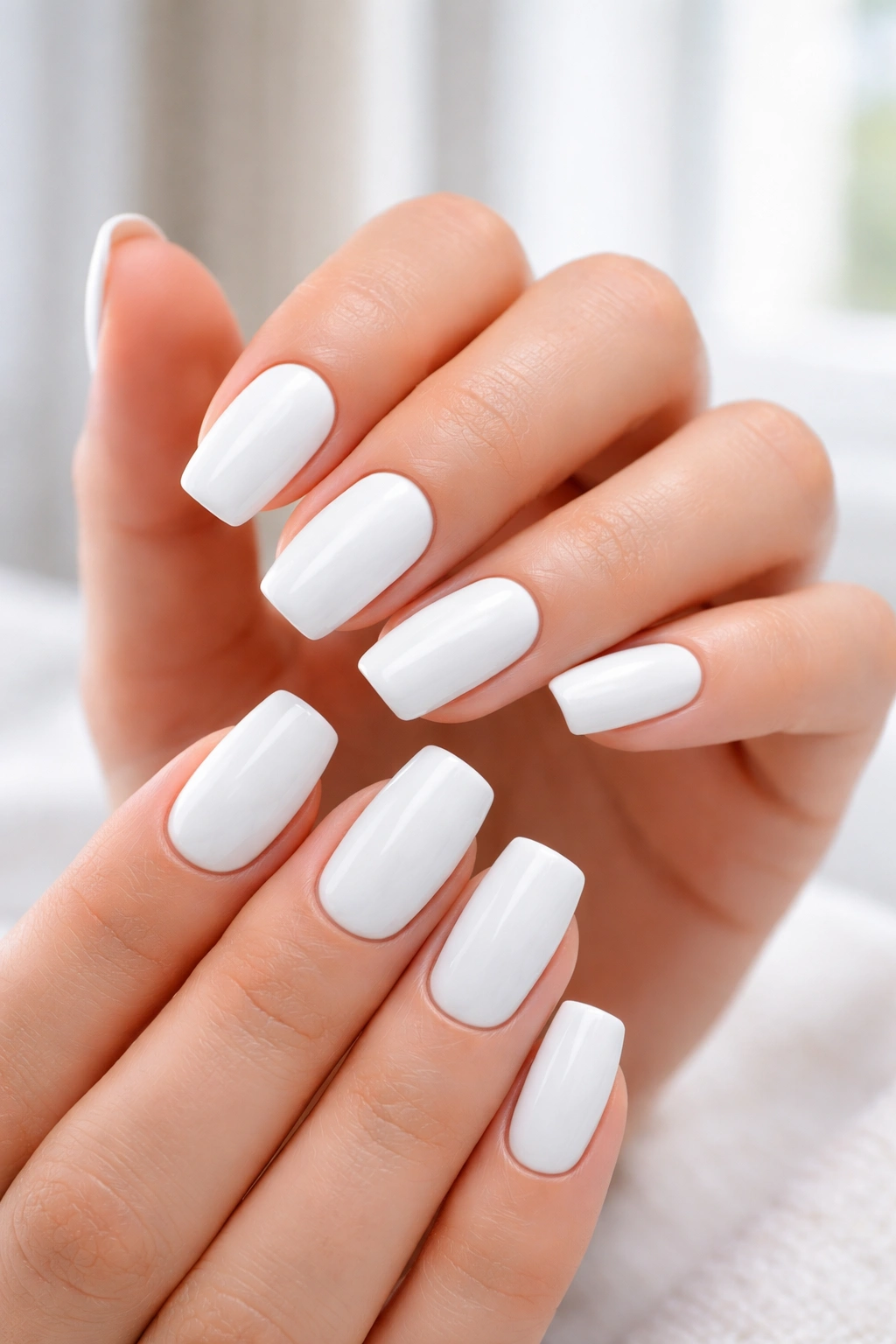 Close-up of high-shine white nails on hands