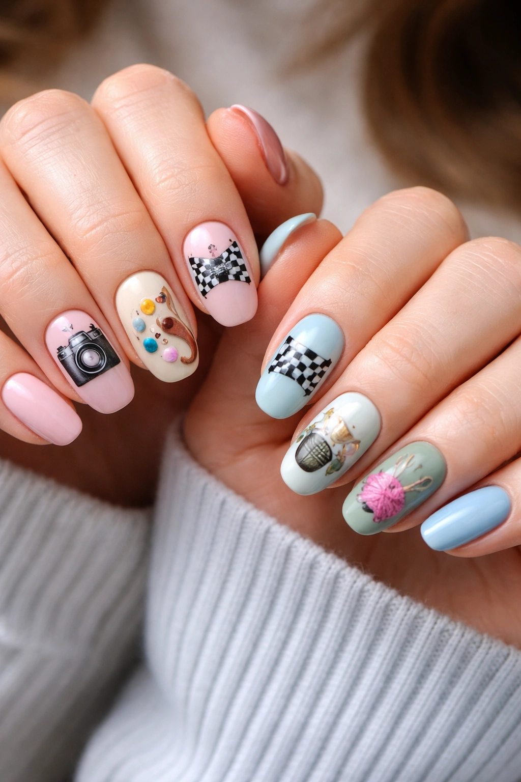 Hands displaying hobby and sport themed nail art with icons.