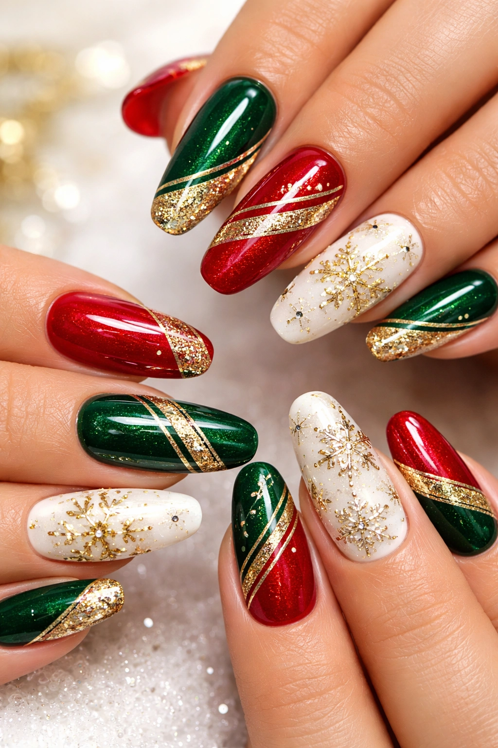Nails with Christmas-inspired red and green polish and gold accents