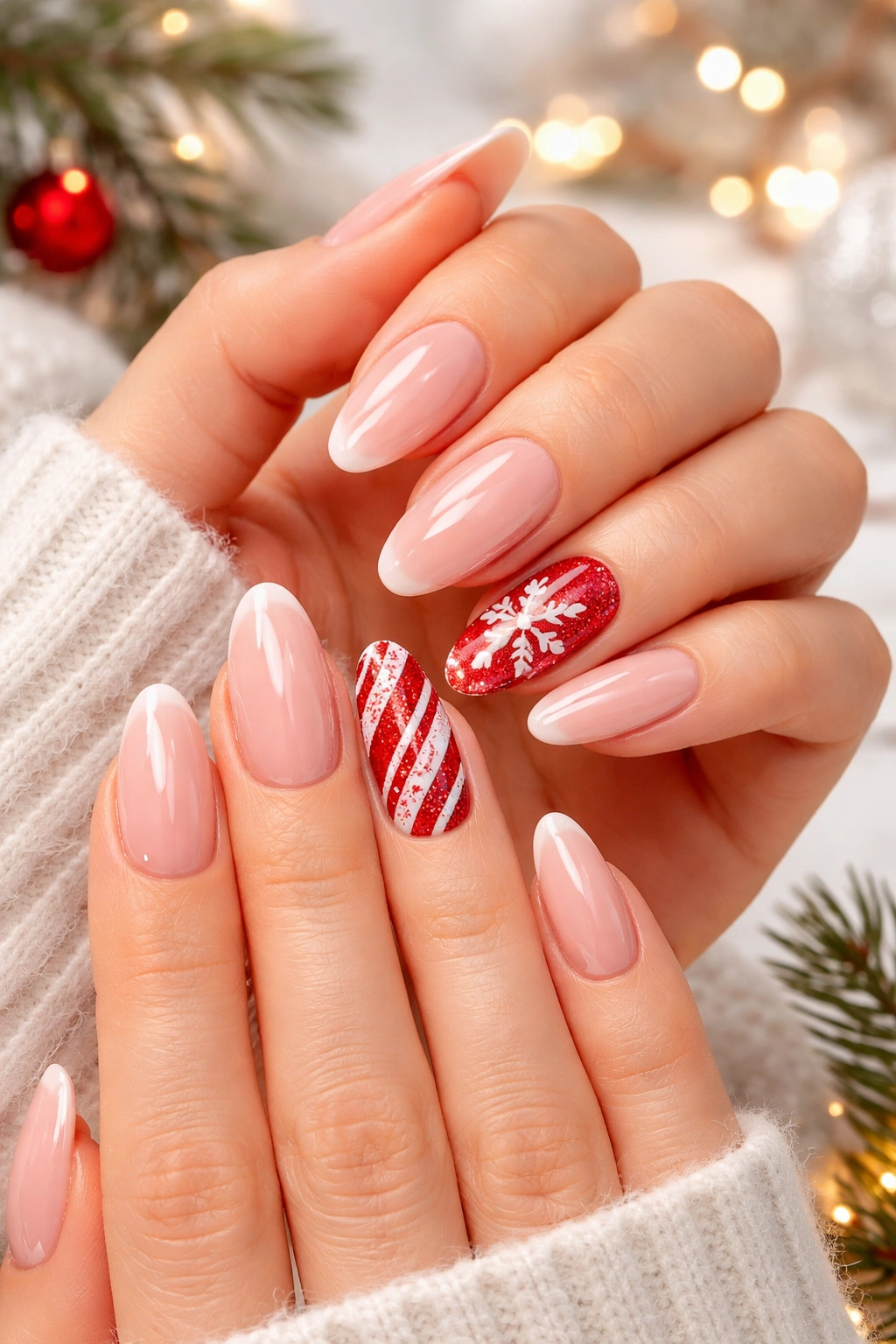 Hands with a pristine, glossy holiday manicure