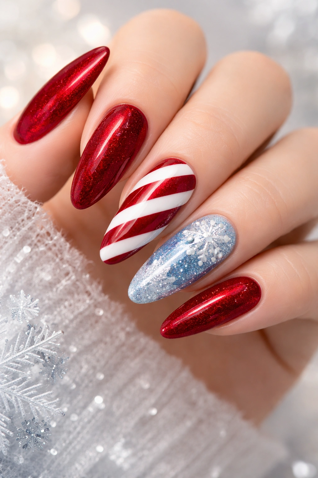 Nails showcasing velvet red, candy cane stripes, and icy blue snowflake accents