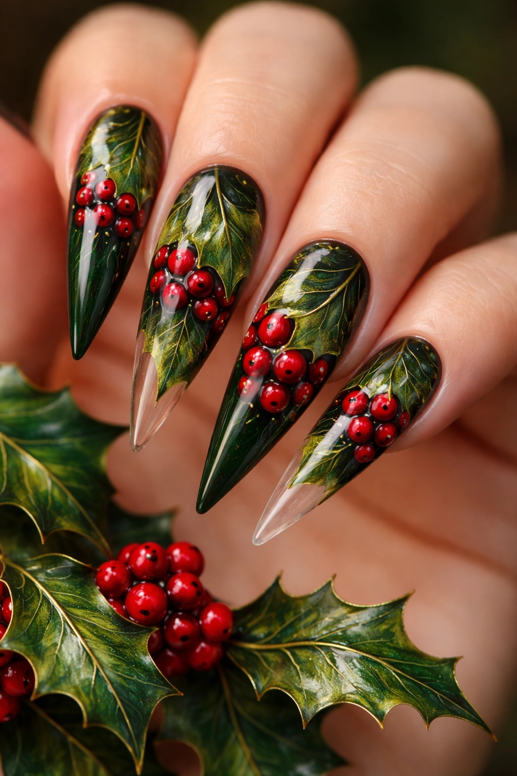 Close-up of stiletto nails with holly leaves and red berries design