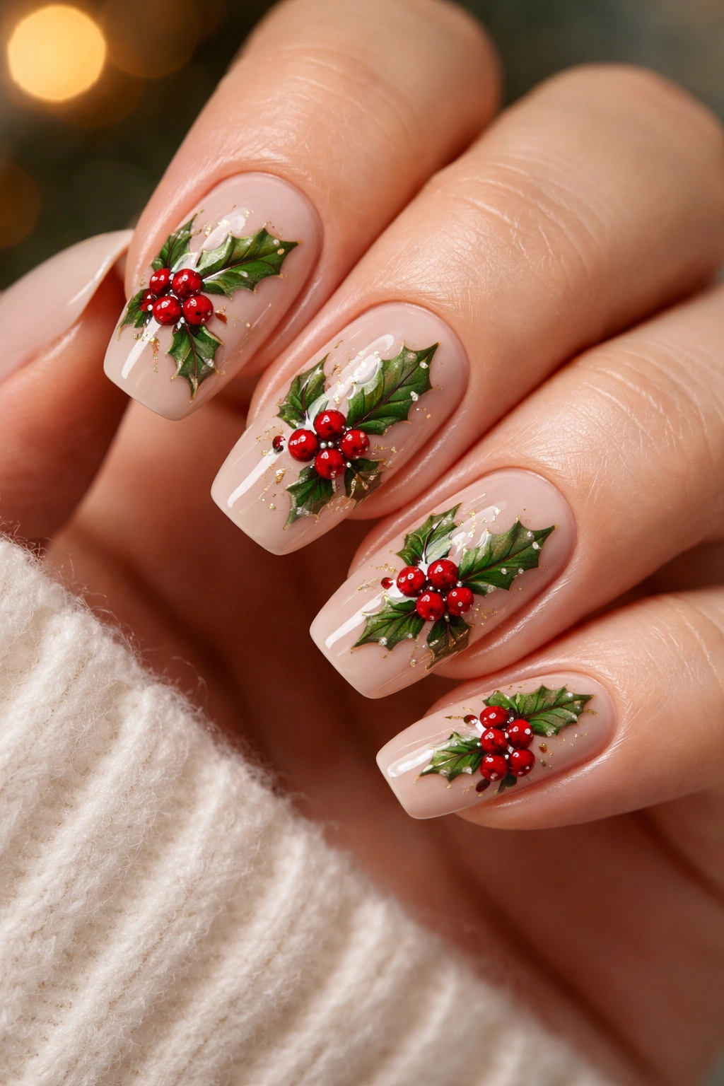 Nails with holly berry and leaf art on neutral base.