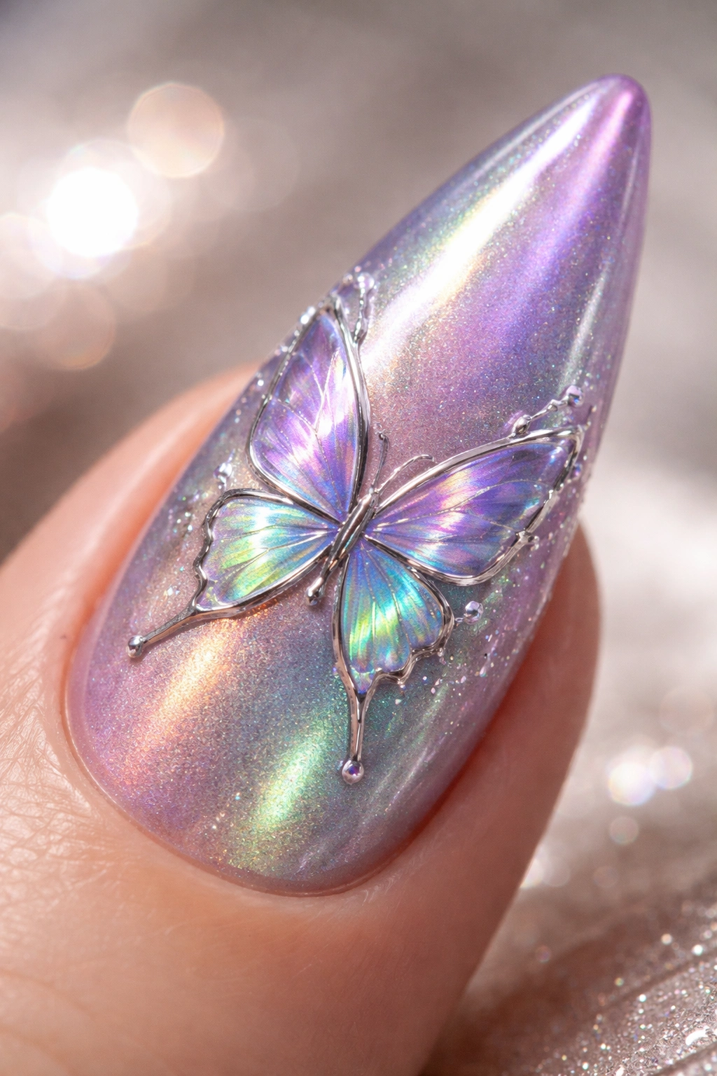 Close-up of holographic butterfly nail art with iridescent chrome on a stiletto nail