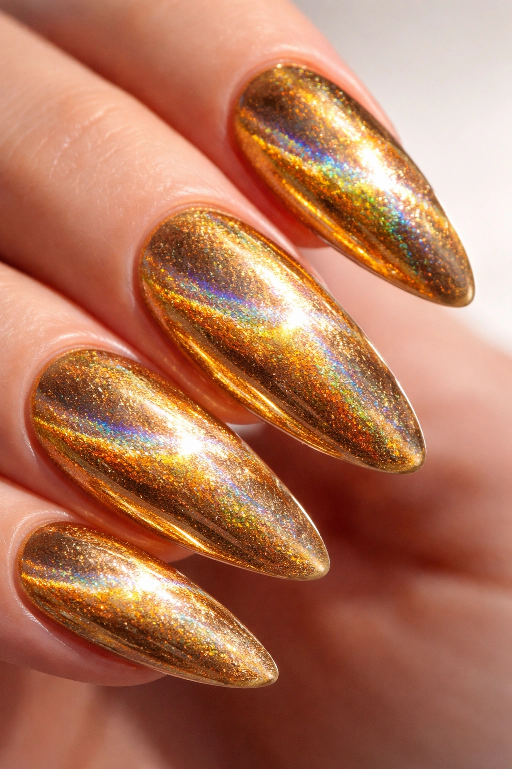 Gold holographic cat eye nails showing rainbow flashes