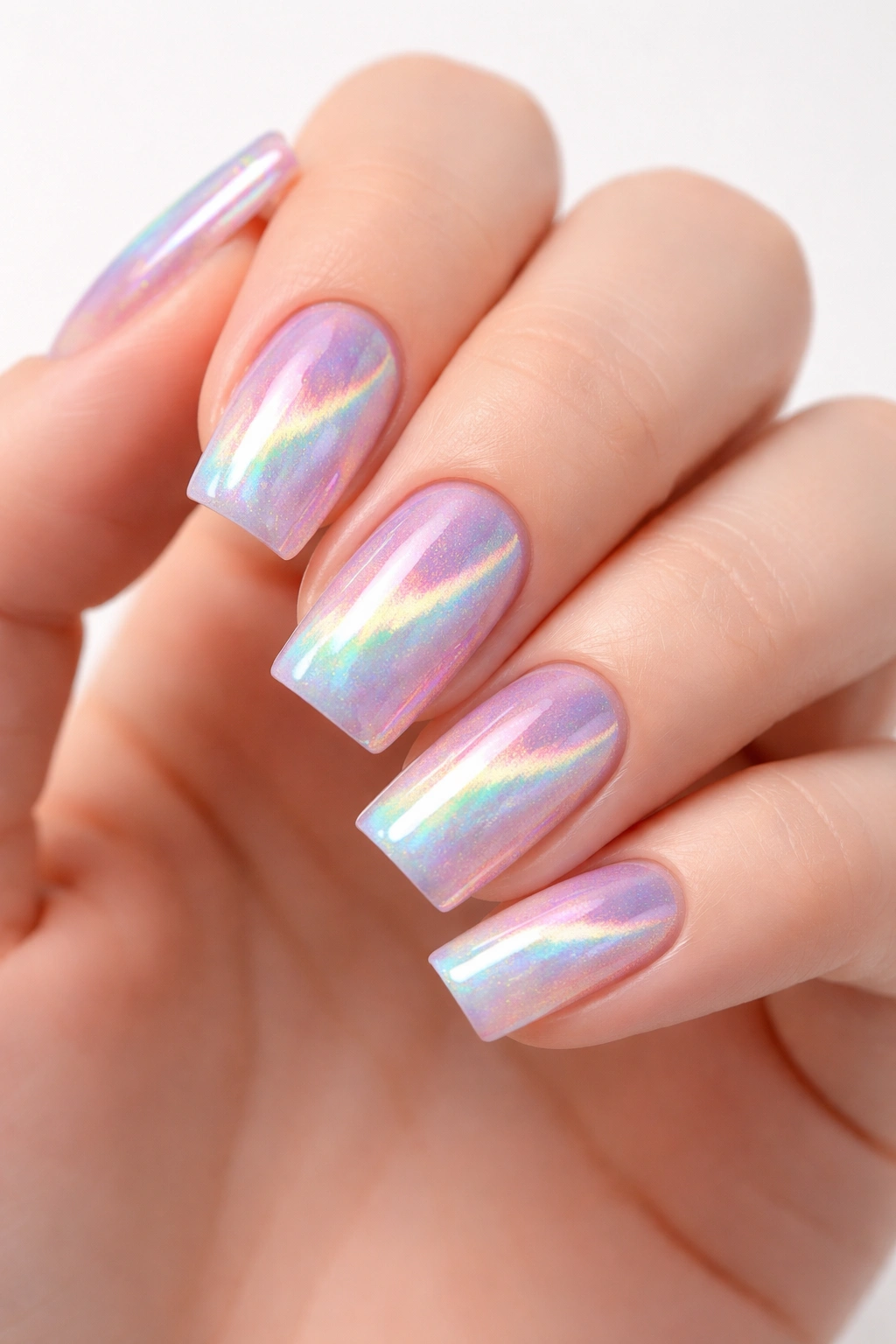 Close-up of Holographic Cat Eye Nails with iridescent rainbow reflections on soft square nails.