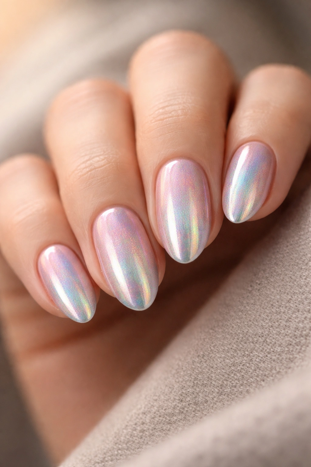 Short almond nails with holographic chrome rainbow shifts