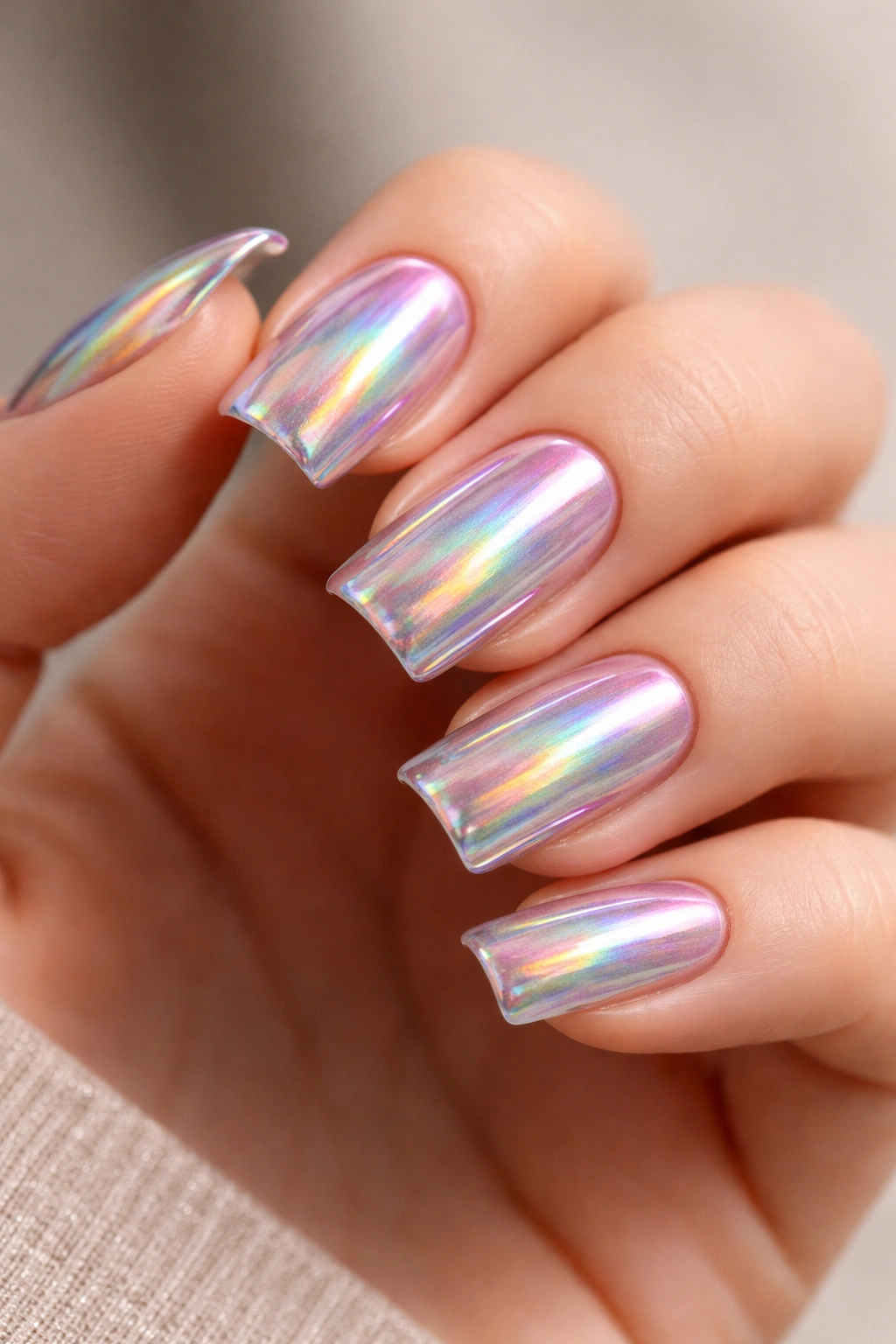 Close-up of short nails with holographic chrome showing rainbow reflections