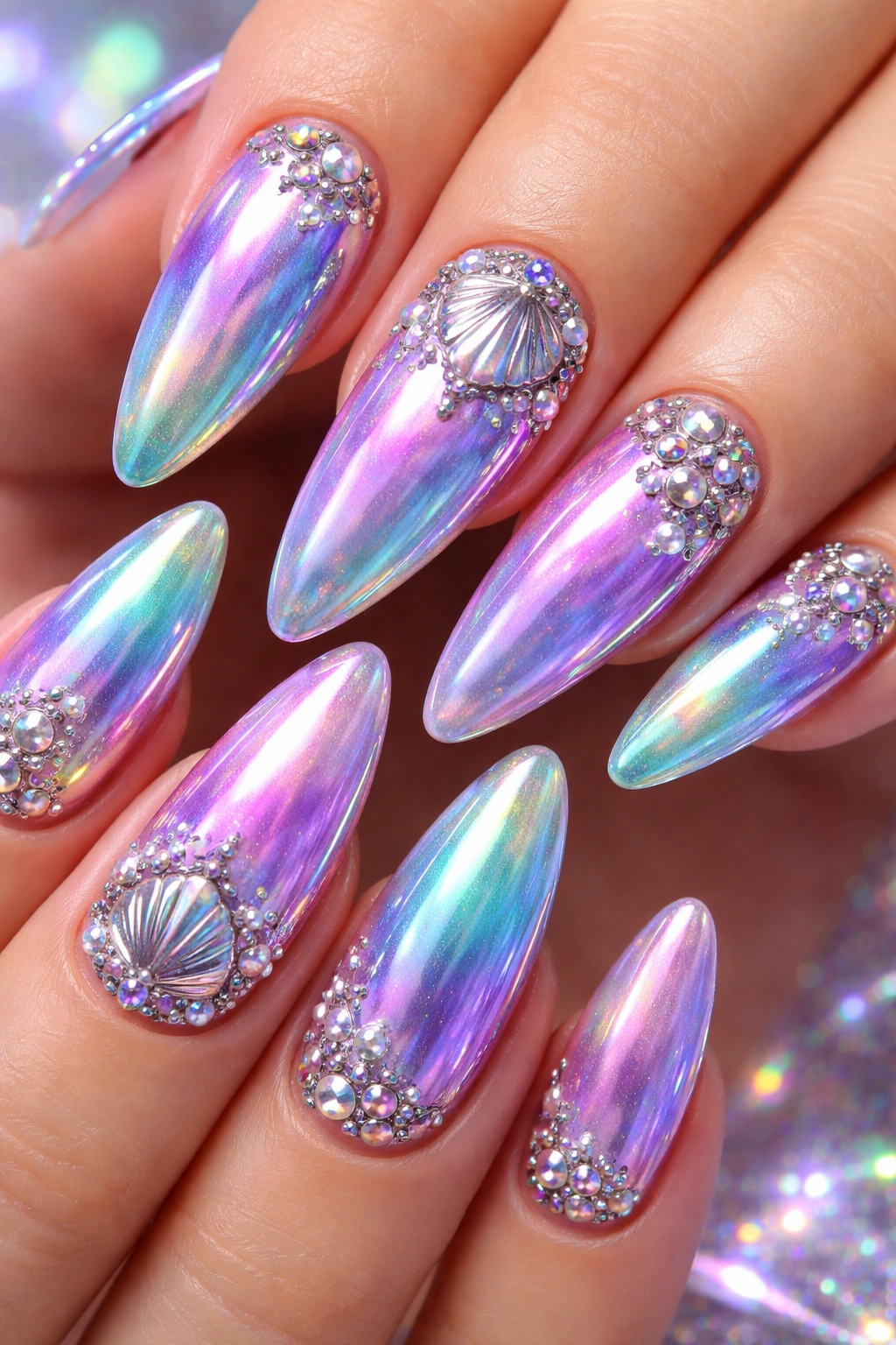 Holographic chrome mermaid gradient nails with 3D details