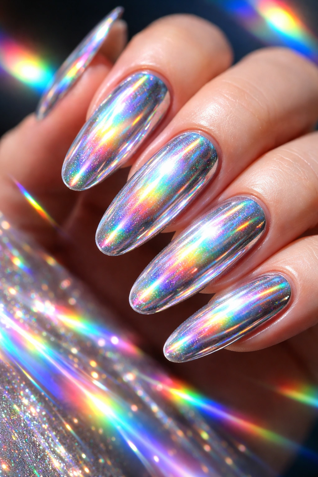 Close-up of holographic chrome nails with rainbow prism effect on long oval nails