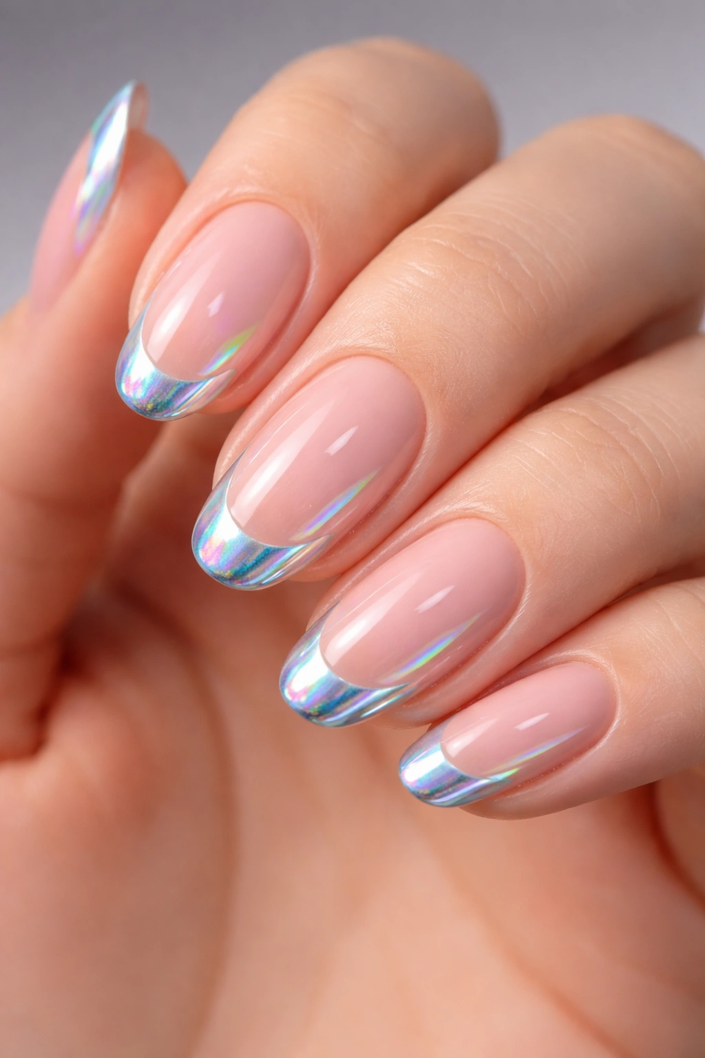 Nails with nude base and holographic chrome tips