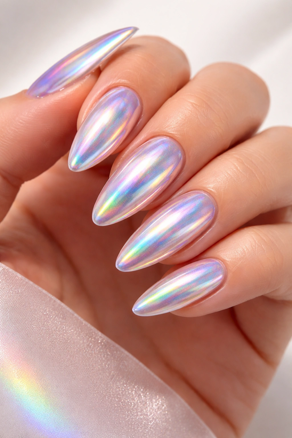 Close-up of holographic chrome almond nails with rainbow reflections.