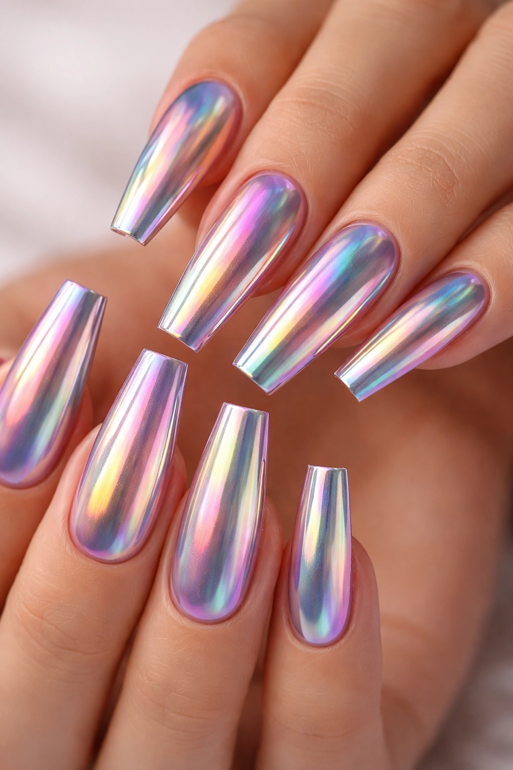 Holographic chrome coffin nails reflecting rainbow colors