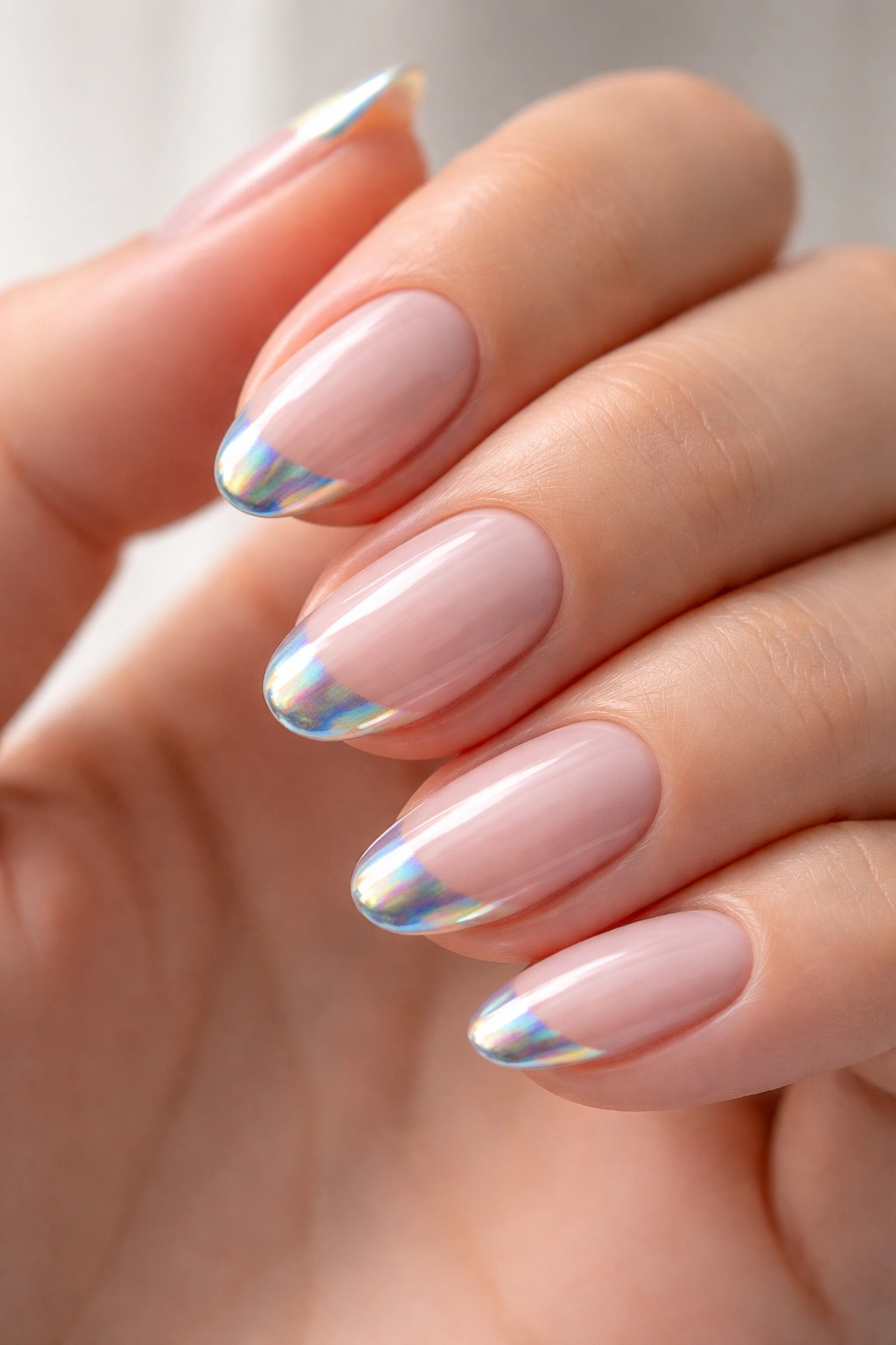 Close-up of short oval nails with holographic chrome tips on a neutral milky base.