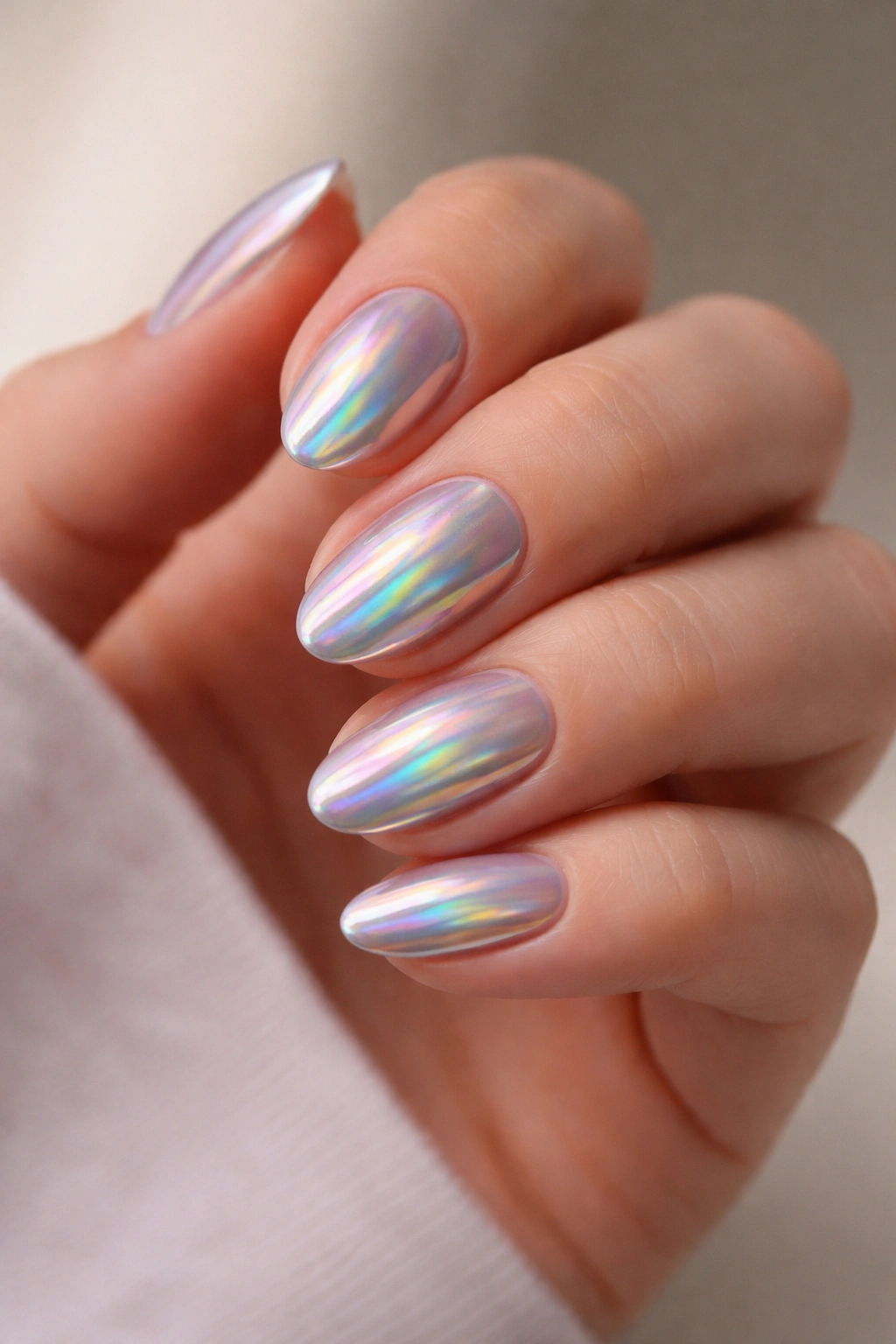 Close-up of a hand with short almond nails in holographic chrome showing rainbow shimmer in angled light.