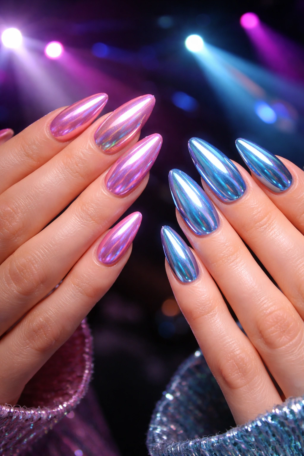 Close-up of almond nails with holographic pink and blue chrome finishes on paired hands