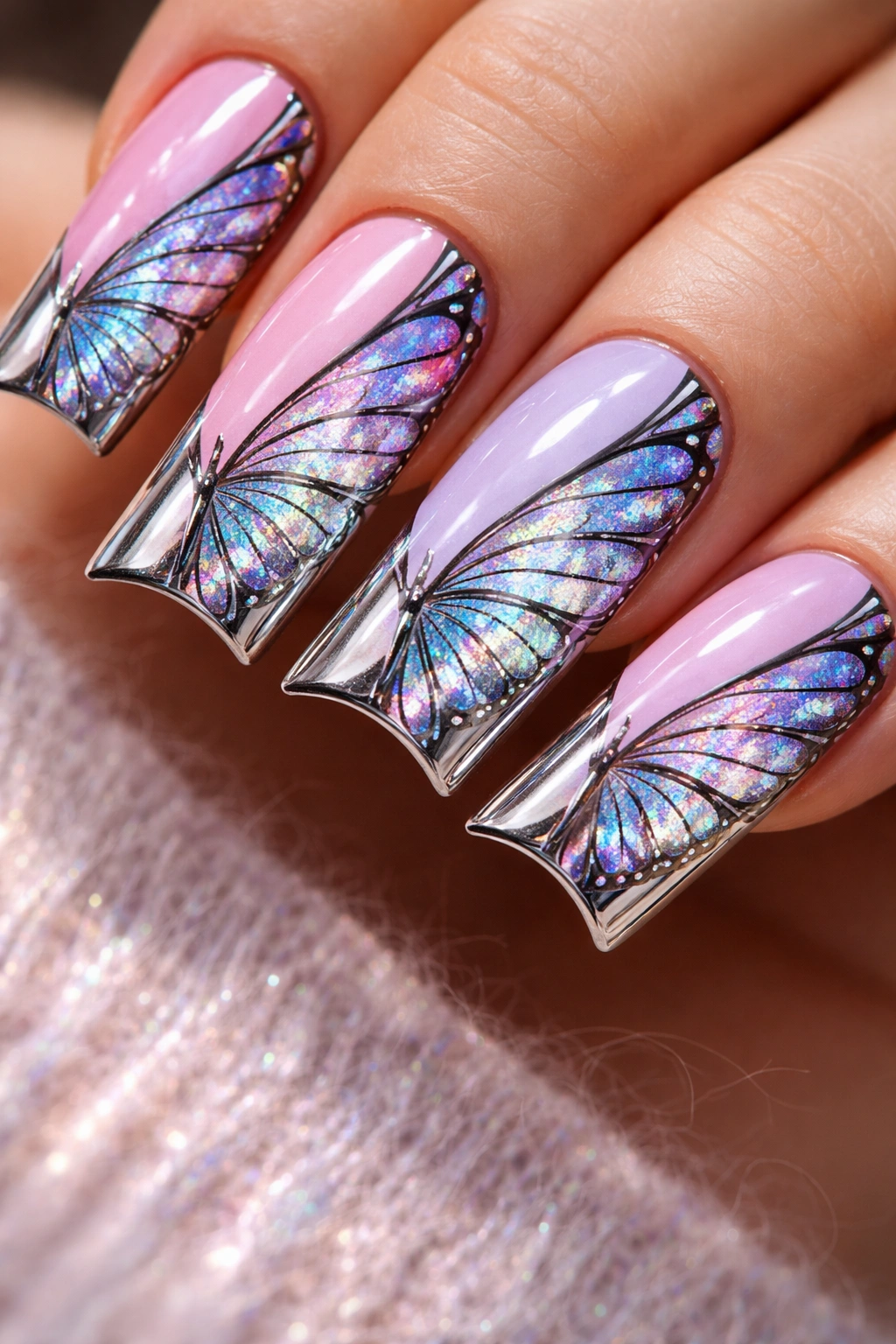 Nail close-up showing chrome duck tips with holographic butterfly wings contrast
