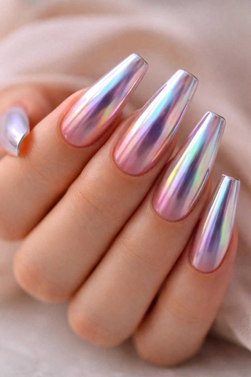 Close-up of coffin nails with holographic chrome gradient across the surface