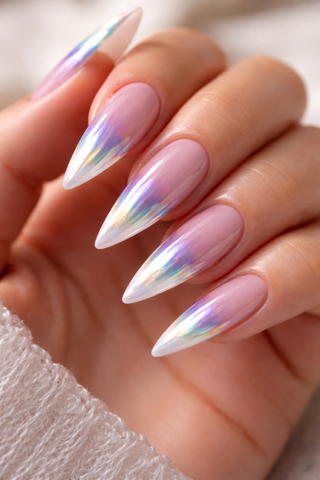 Close-up of holographic chrome nails with gradient to white tips