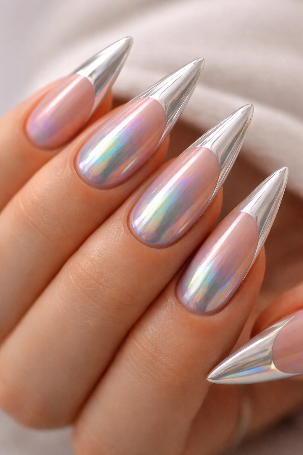Close-up of holographic chrome nail with nude French tip under studio lighting