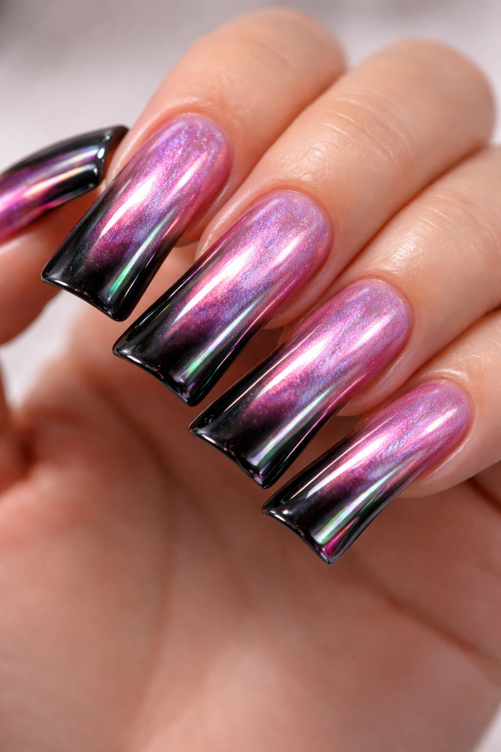Duck nails with holographic chrome pink and black finish