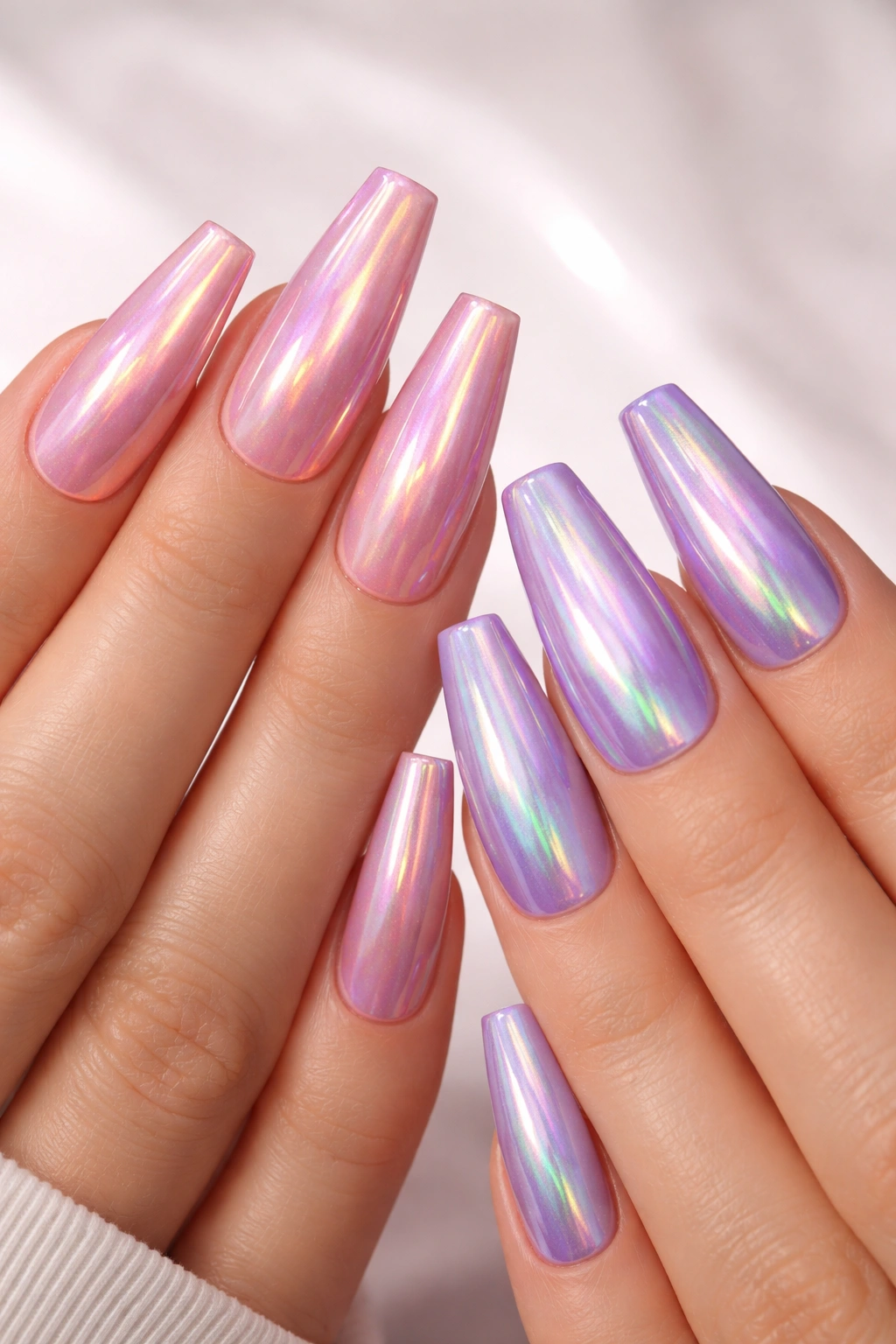 Coffin nails with pink and purple holographic chrome finishes catching light