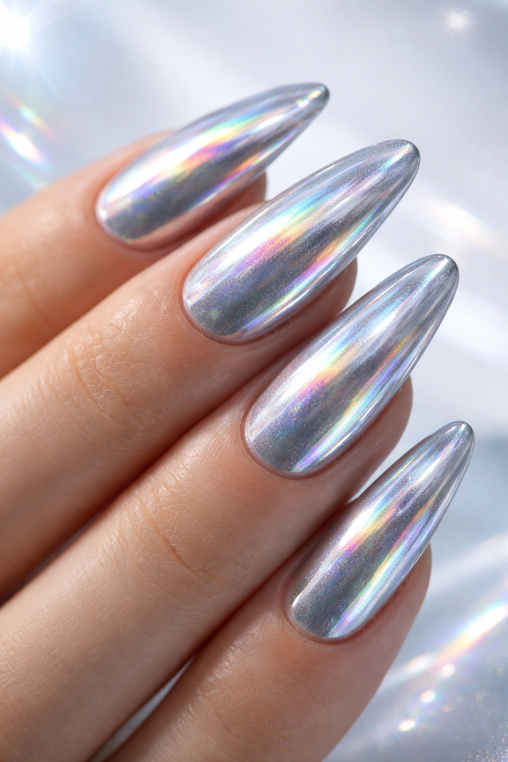 Nails showing silver chrome with rainbow holographic shifts