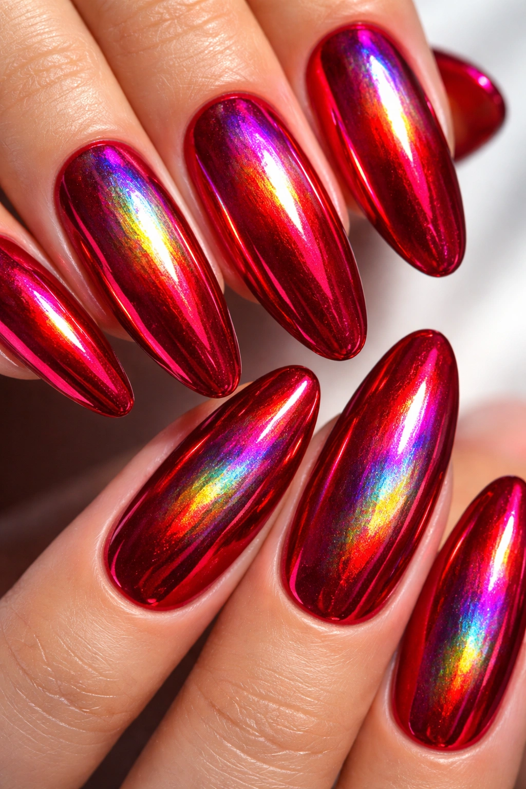 Close-up of cherry red nails with holographic chrome rainbow reflections