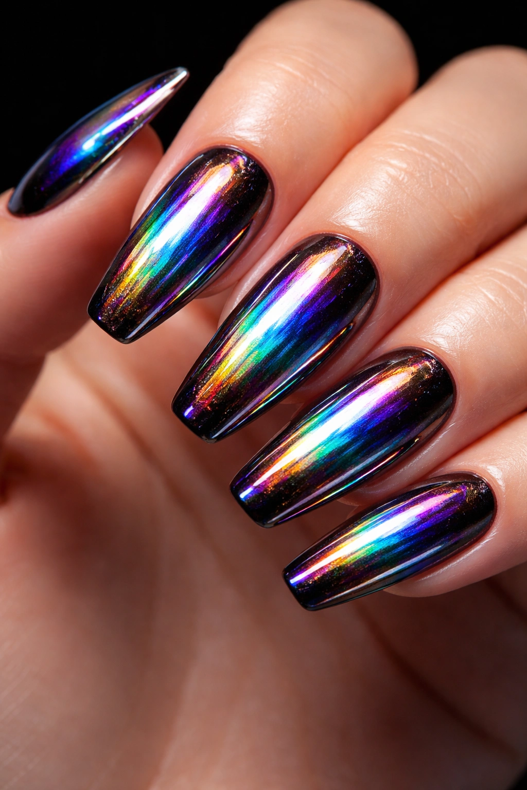 Close-up of holographic chrome nails with rainbow reflections on black base.
