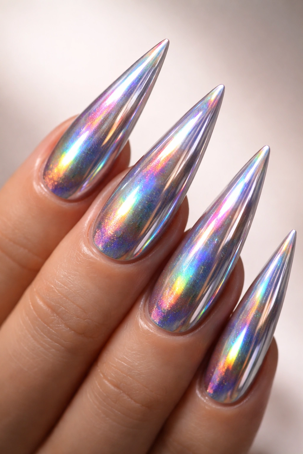 Close-up of holographic chrome gel stiletto nails showing rainbow prisms