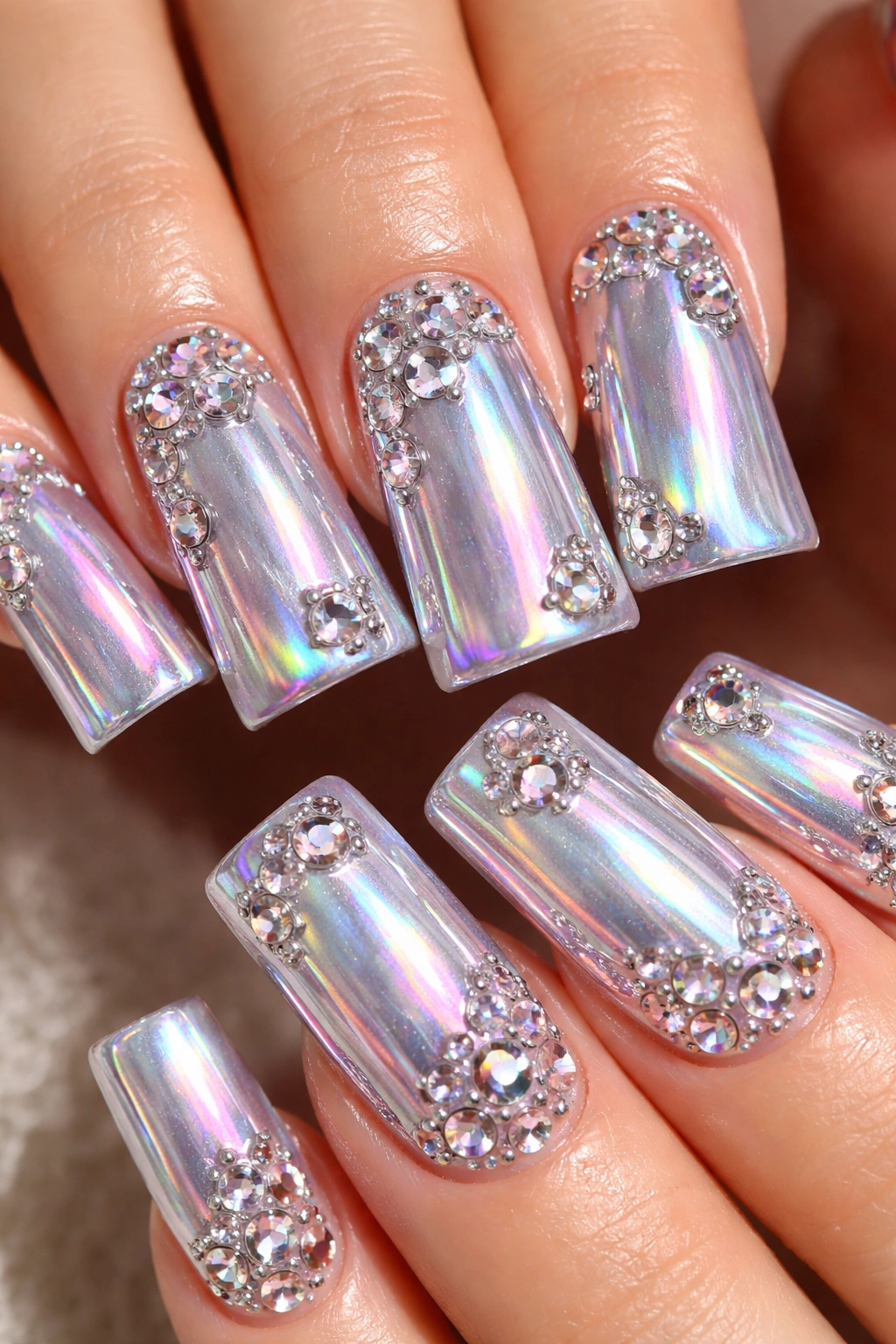 Close-up of holographic chrome duck nails with scattered rhinestones